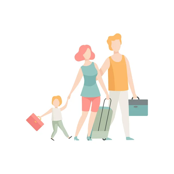 Rodinné cestování, otec, matka a syn chodí s kufry vektorové ilustrace — Stockový vektor