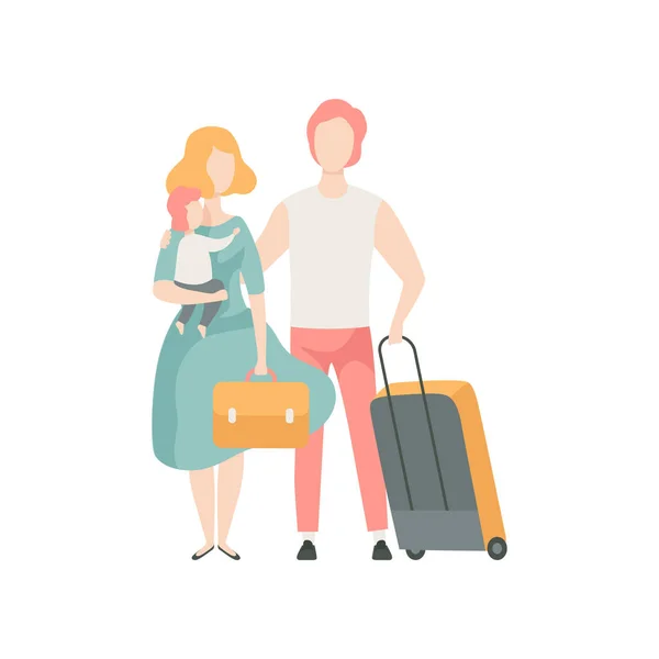 Mutlu aile tatil, baba, anne ve bebek ile bavul vektör çizim üzerinde seyahat — Stok Vektör