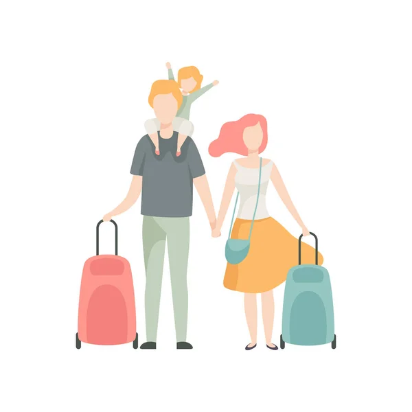 Happy Family Voyager en vacances, père, mère et enfant avec valises Illustration vectorielle — Image vectorielle