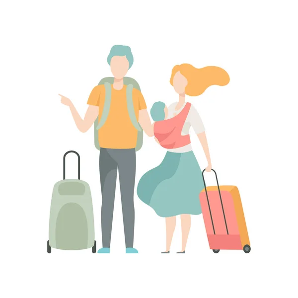 家庭旅行, 父亲, 母亲和婴儿去暑假与手提箱矢量插图 — 图库矢量图片