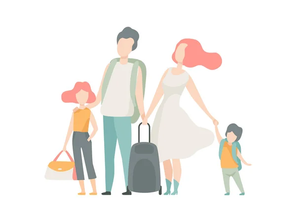 Οικογενειακά ταξίδια, πατέρας, κόρη μητέρα και γιος πηγαίνει για διακοπές εικονογράφηση διάνυσμα — Διανυσματικό Αρχείο