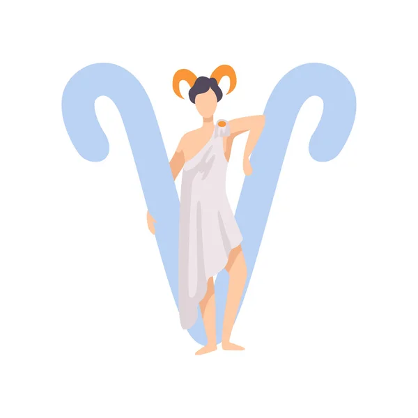 Aries Zodiac Sign, Young Man Wearing Clothes in Style of Ancient Greece Vector Illustration — Stock Vector