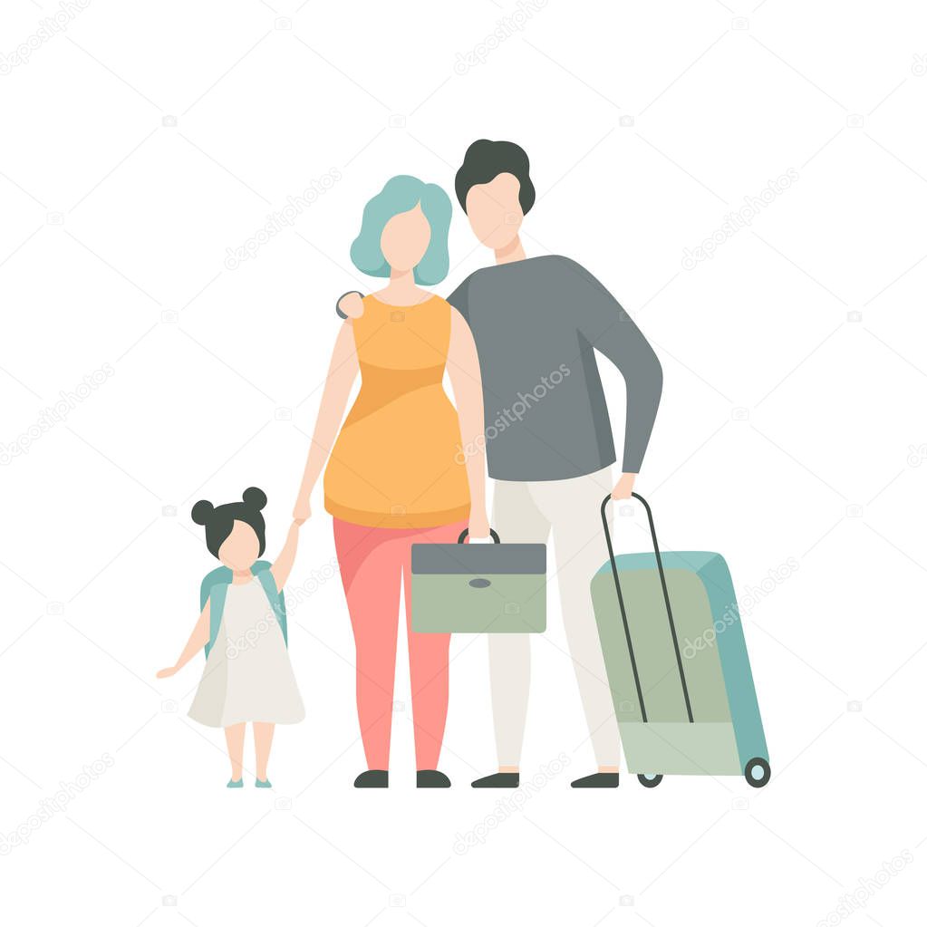 Family Travelling Together, Father, Mother and Daughter Standing with Suitcase Illustration