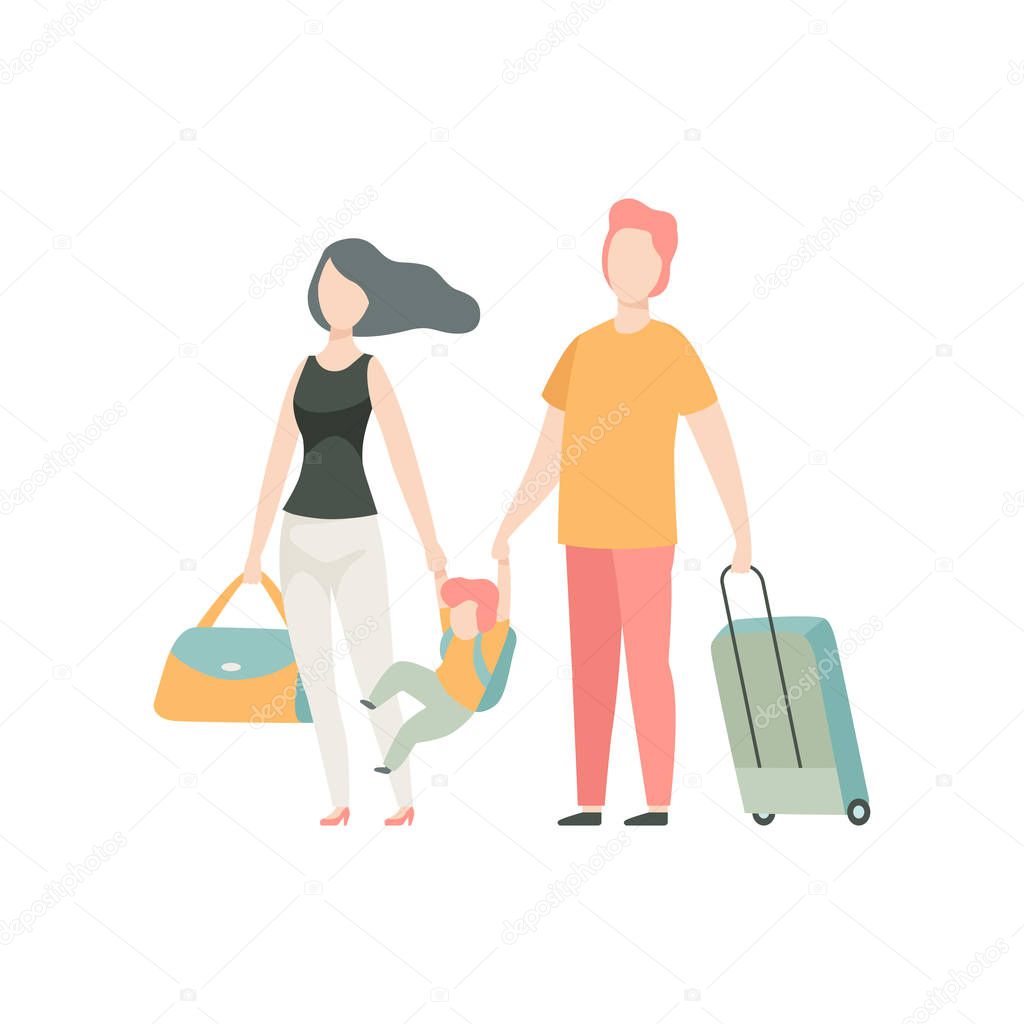 Happy Family Travelling, Father, Mother and Son Going on Summer Vacation Vector Illustration