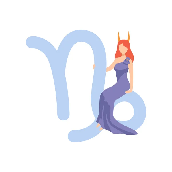 Capricorn Zodiac Sign, Young Beautiful Woman Wearing Blue Dress Vector Illustration — Stock Vector