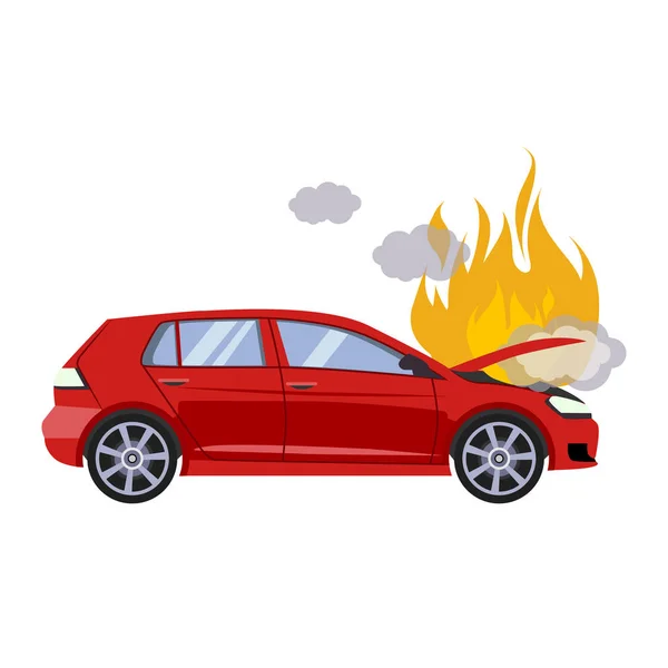 La capucha rota del coche rojo está cubierta de fuego y humo. Ilustración de vector de estilo plano — Vector de stock