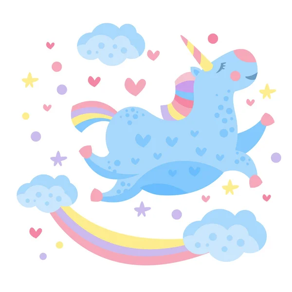Söt Rainbow Unicorn i molnen. Vektorillustration. — Stock vektor