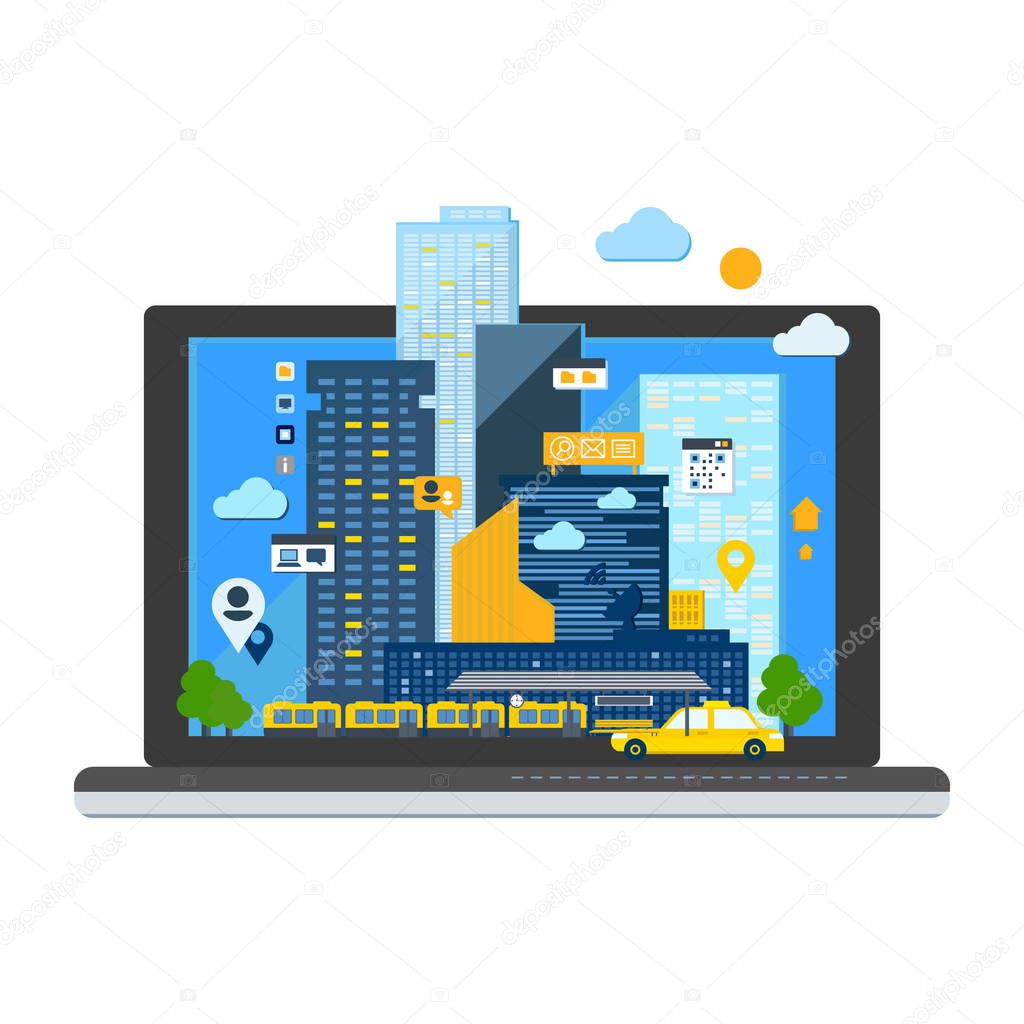 City Landscape in Laptop. Vector Illustration