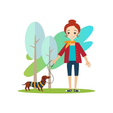 Bir köpek yürüyüş. Kadınların günlük rutin faaliyetleri. Vektör çizim