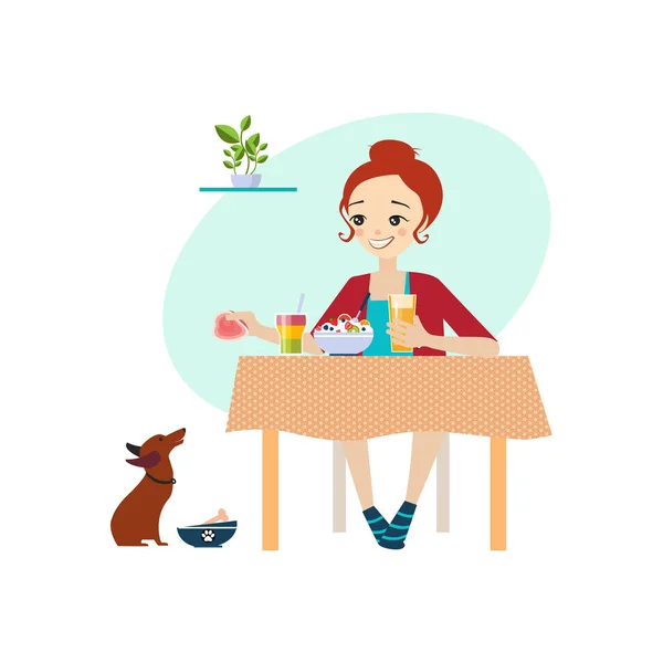 Comer en casa. Actividades diarias de rutina de las mujeres. Ilustración vectorial — Vector de stock