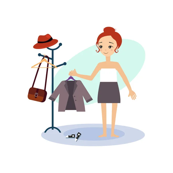 Dressing naar beneden. Dagelijkse Routine activiteiten van vrouwen. Vectorillustratie — Stockvector