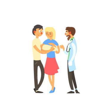 Genç aile, anne ve baba bebek doktorla resepsiyonda