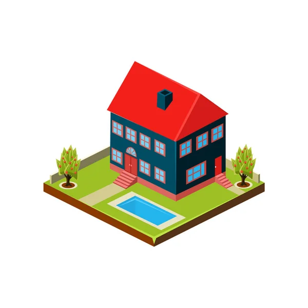 Icono isométrico que representa la casa moderna con patio trasero — Vector de stock