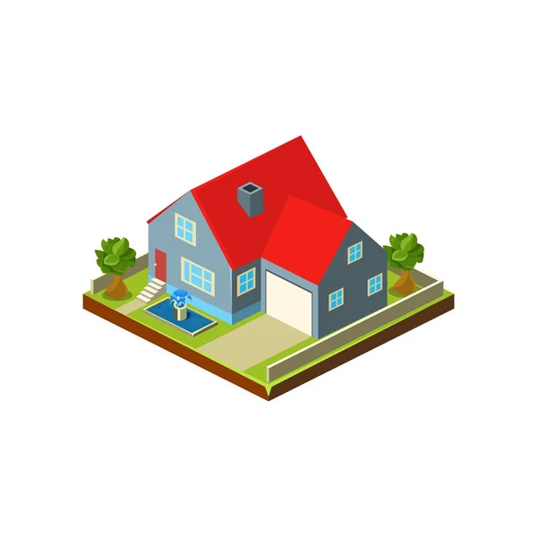 Isometrische pictogram voor moderne huis met achtertuin — Stockvector