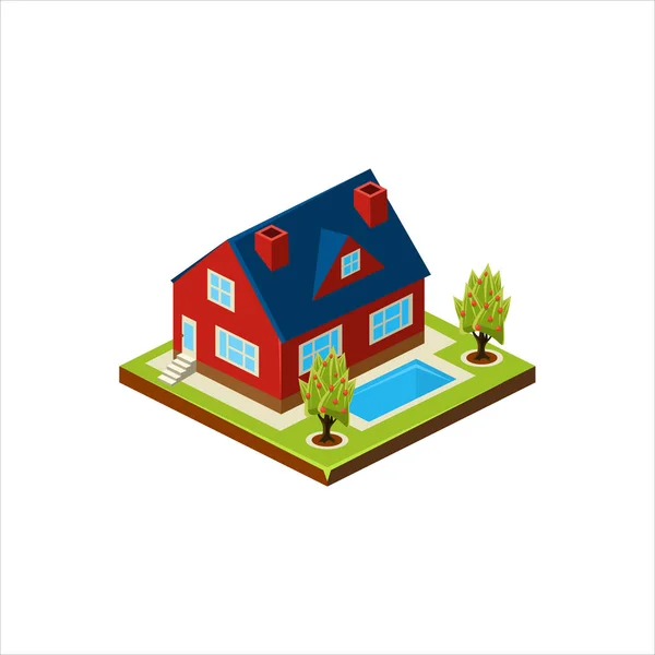 Isometrisk ikon som representerar modernt hus med bakgård — Stock vektor