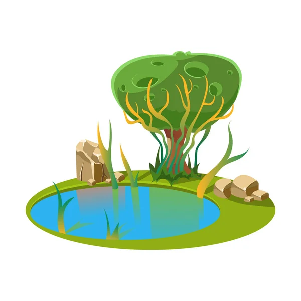 Isla con un lago y un árbol. Ilustración vectorial — Vector de stock