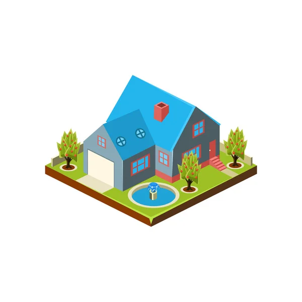 Icono isométrico que representa la casa moderna con patio trasero — Vector de stock