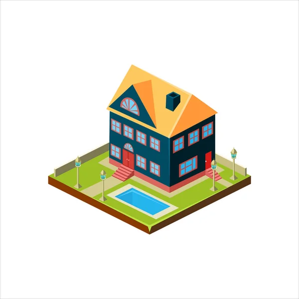 Icono isométrico que representa la casa moderna con patio trasero — Vector de stock