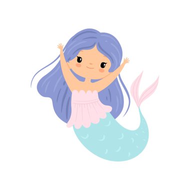 Uzun güzel mavi saçlı, sevimli deniz prenses karakter vektör çizim küçük deniz kızı