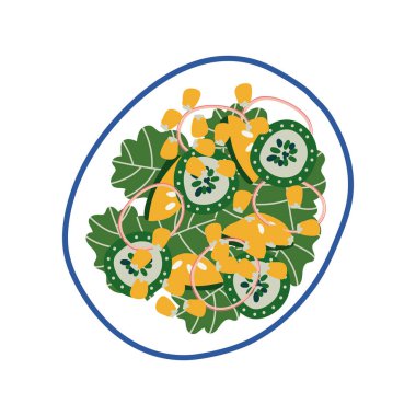 Lezzetli vejetaryen salata tabağı, taze sağlıklı yemek, üstten görünüm vektör çizim üzerinde