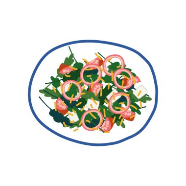 Beyaz peynir, soğan, domates, zeytin ve yeşil plaka, taze sağlıklı yemek, üstten görünüm vektör çizim üzerinde lezzetli salata