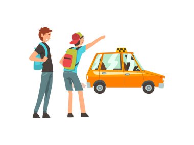 Taxi Service, Male Clients Waving to Taxi Car Cartoon Vector Illustration clipart