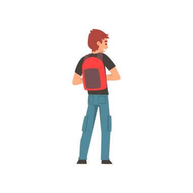 Adam arkadan görünüm vektör çizim sırt çantası ile ayakta
