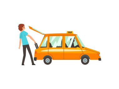 Taksi Servisi, Bagaj araba Karikatür vektör çizim içinde koyarak adam