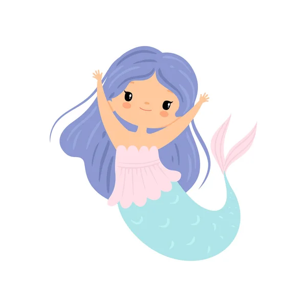 Sirenita con Pelo Azul Largo Hermoso, Linda Princesa del Mar Personaje Vector Ilustración — Archivo Imágenes Vectoriales