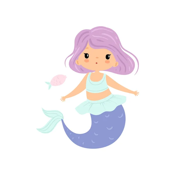 Kleine zeemeermin met Violet haar, een schattig zee prinses karakter Vector Illustratie — Stockvector