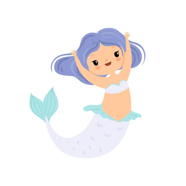 Lieve kleine zeemeermin met blauwe haren, schattige zee prinses karakter Vector Illustratie — Stockvector