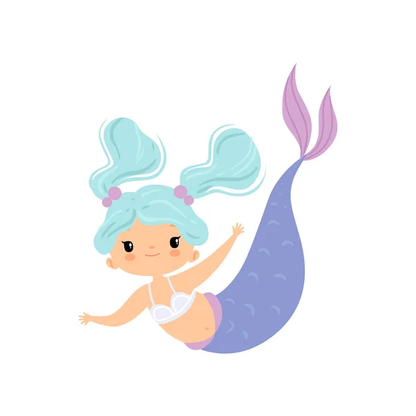 Dulce Sirenita con Pelo Azul Claro, Linda Princesa del Mar Personaje Vector Ilustración — Archivo Imágenes Vectoriales