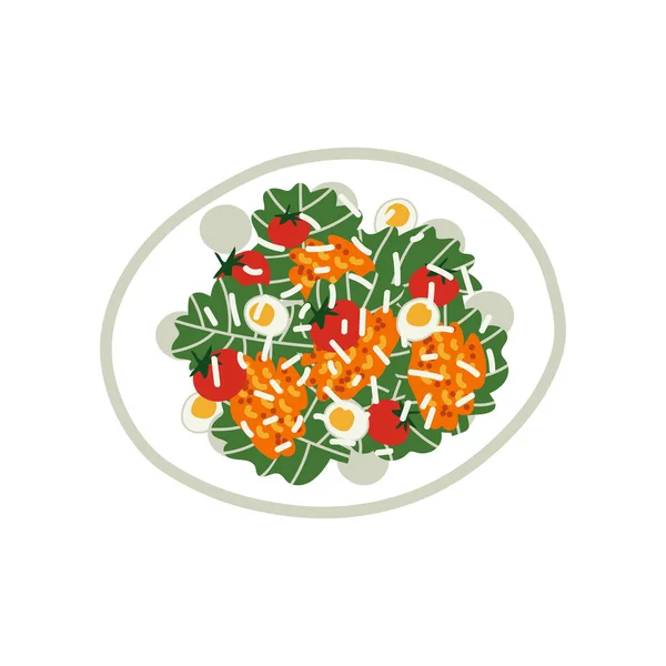 Delicious Salad on Plate, Fresh Healthy Dish, Top View Vector Illustration — Stock Vector