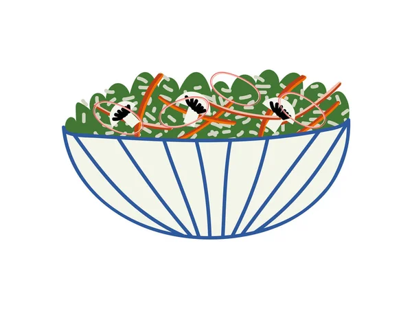 Вкусный салат в керамической чаше, свежий здоровый вектор блюд иллюстрация — стоковый вектор