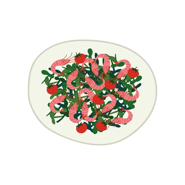 Deliziosa insalata con gamberetti e verdure sul piatto, piatto sano fresco, illustrazione vettoriale con vista dall'alto — Vettoriale Stock