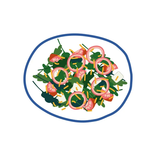 Вкусный салат с сыром Фета, луком, помидорами, оливками и зеленью на тарелке, свежая здоровая тарелка, векторная иллюстрация — стоковый вектор