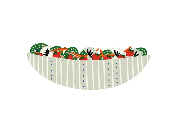 Ensalada deliciosa con champiñones, pepinos y tomates en tazón de cerámica, plato sano fresco Vector Ilustración — Vector de stock