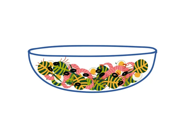 Ensalada deliciosa con camarones en cuenco transparente de vidrio, plato sano fresco Vector Ilustración — Vector de stock