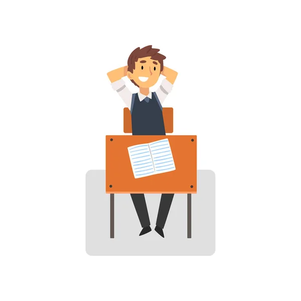 Smiling Student Sitting at Desk in Classroom, Side View, Schoolboy Studying at School, College Vector Illustration - Stok Vektor