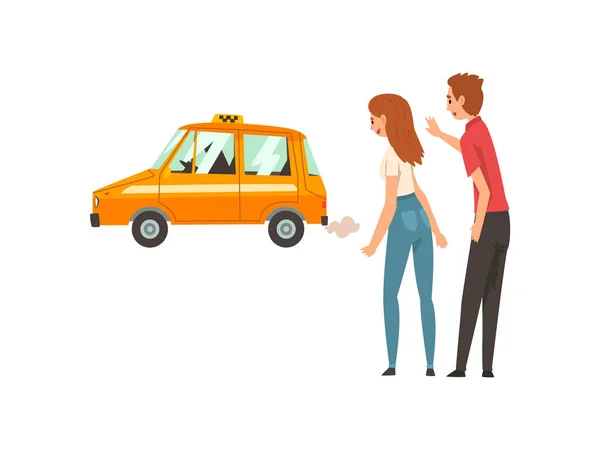 Taxiservice, par viftande fånga bil på gatan tecknade vektorillustration — Stock vektor