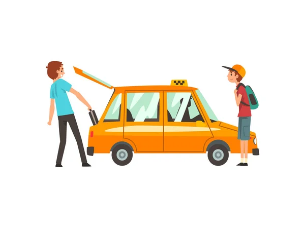 Servizio taxi, persone che catturano auto, giovane che mette i bagagli in Trunk Cartoon Vector Illustrazione — Vettoriale Stock