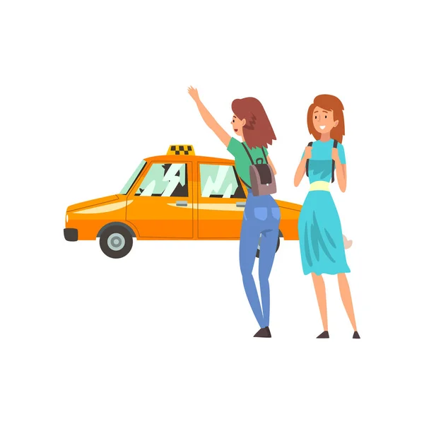 Служба такси, женщины-клиенты Hailing a Taxi Car Cartoon Vector Illustration — стоковый вектор