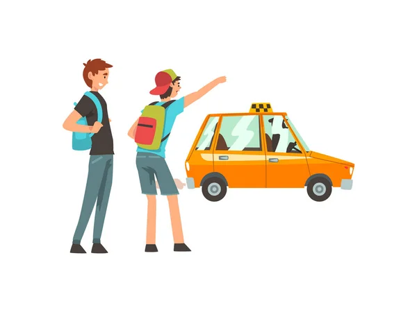 Servizio taxi, clienti maschili che salutano al taxi Car Cartoon Vector Illustrazione — Vettoriale Stock