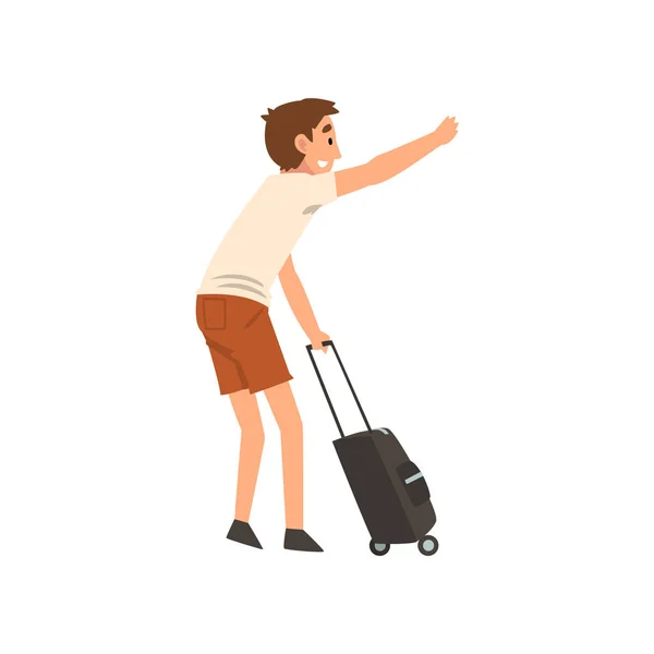 Junger Mann mit Koffer bejubelt Taxiwagen-Vektor-Illustration — Stockvektor