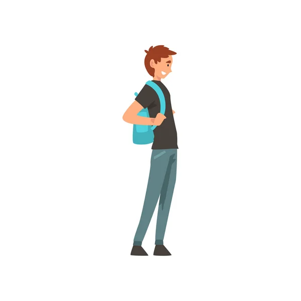 Genç adam ayakta sırt çantası ile gülümseyen illüstrasyon vektör — Stok Vektör