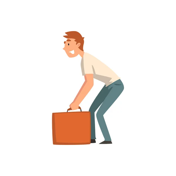 Young Man Carrying Heavy Suitcase, Guy Traveling on Vacation Vector Illustration — Stock Vector