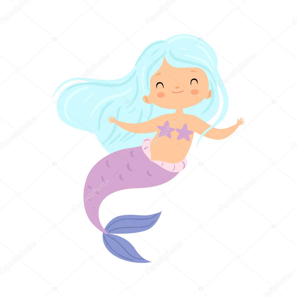 Adorable Little Mermaid with Long Beautiful Hair, Cute Sea Princess Character Vector Illustration