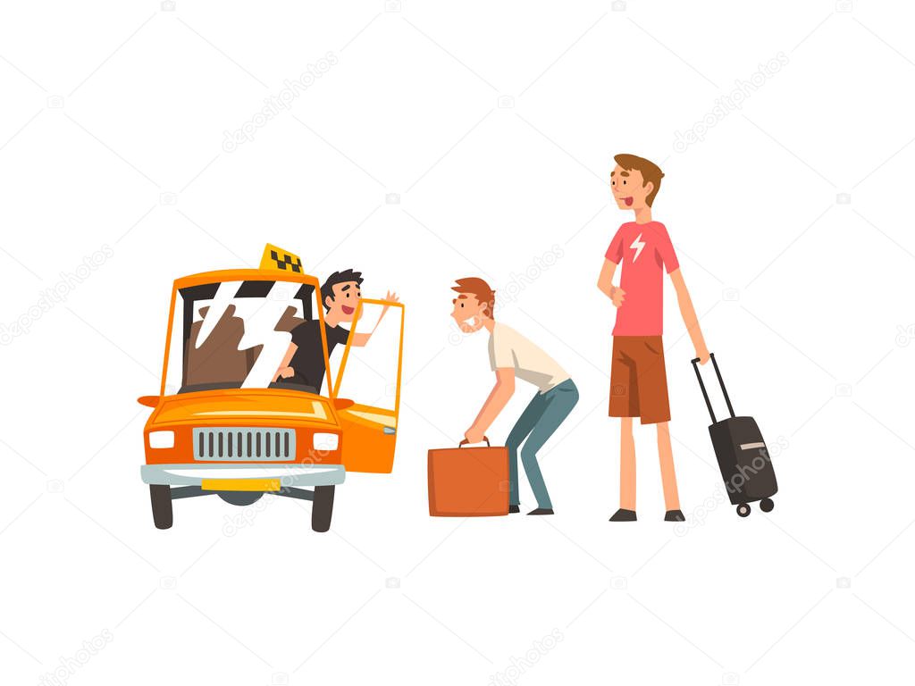 Taxi Service, Car Driver and Passengers Cartoon Vector Illustration