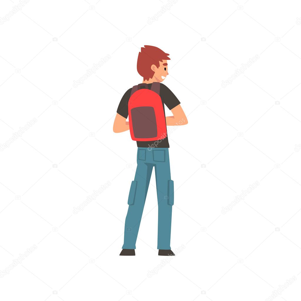 Man Standing with Backpack, Back View Vector Illustration