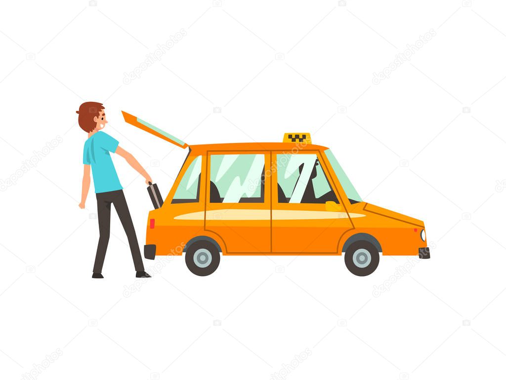 Taxi Service, Man Putting Luggage in Car Cartoon Vector Illustration